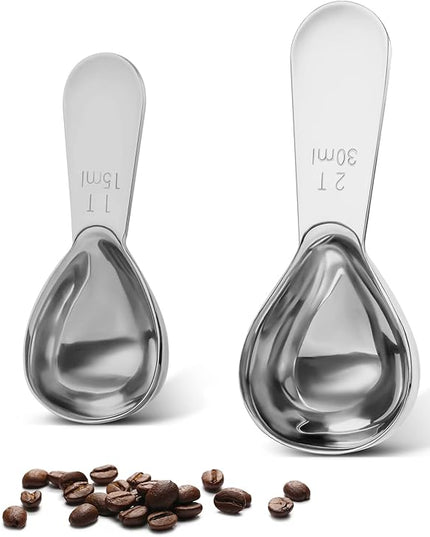 Stainless steel coffee scoop 2-piece set (1 tbsp, 2 tbsp) durable Tablespoon, ergonomic measuring spoon, Suitable for small and large jars，short-handled spoon (Silver)