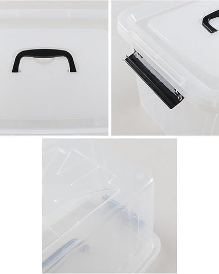 Clear Storage Latch Box 12 L, Plastic Organizing Box/Bin with Lid and Black Handles, 6-Pack