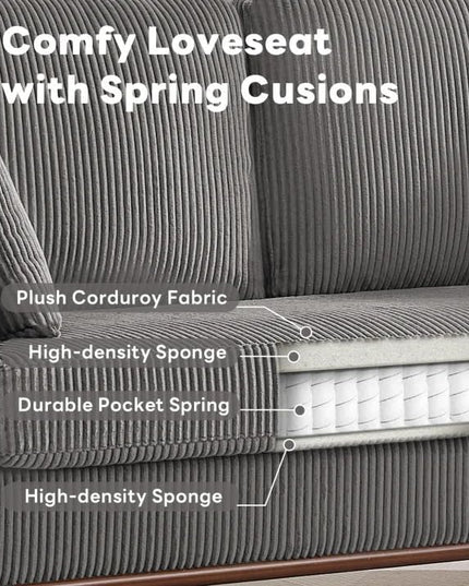 Tbfit Corduroy Couch for Living Room, Mid Century Modern Sofa with Spring Cusions for Bedroom,Comfy Upholstered Couches Easy Assembly with Solid Wood Legs & 2 Pillows (Grey, 65inch)