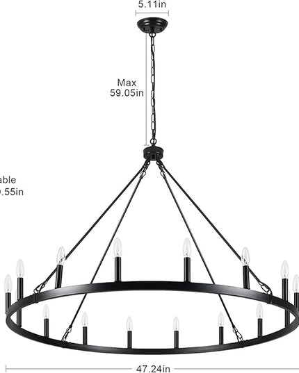 16-Lights Wagon Wheel Chandelier 47 Inch Black Chandelier Light Fixture Farmhouse Chandeliers for Living Room Foyer Chandeliers for High Ceilings Round Pendant Light for Dining Room Entryway