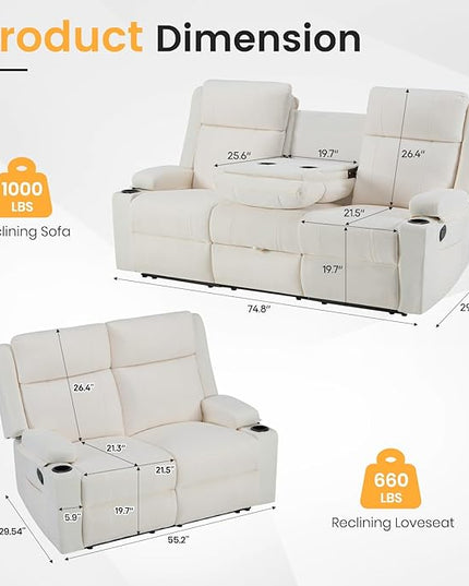 Reclining Sofa Set for Living Room, Loveseat Recliner Sofa & 3 Seater Manual Reclining Sofa with Console & Cup Holders, Recliner Sofa Set for Living Room Furniture Sets(Beige)