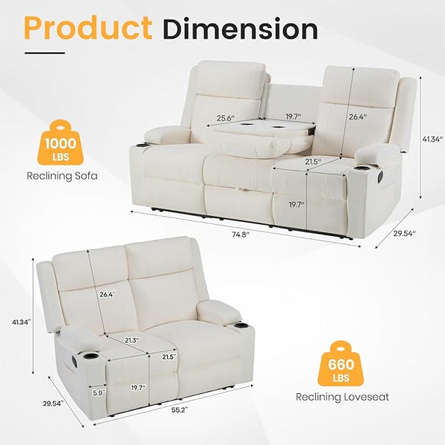 Reclining Sofa Set for Living Room, Loveseat Recliner Sofa & 3 Seater Manual Reclining Sofa with Console & Cup Holders, Recliner Sofa Set for Living Room Furniture Sets(Beige)