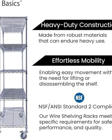 NSF Commercial 5-Tier Wire Shelving with Wheels, 48"x18"x72" Heavy Duty Metal Shelves 4000 lbs Max Capacity, Chrome Storage Rack for Garage Kitchen Pantry Warehouse