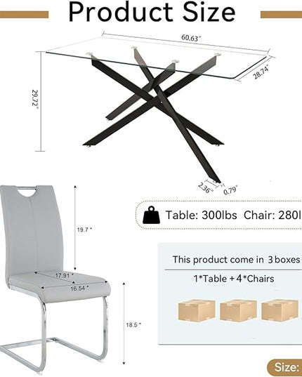 5 Piece Glass Dining Table Set, Glass Kitchen Dining Room Table Set for 4, 61" Modern Rectangular Black Glass Metal Dining Table with 4 Grey PU Leather Dining Chairs for Kitchen Dining Room