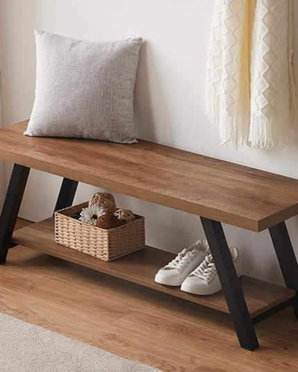 LVB Industrial Entryway Bench, Wood and Metal Storage Bench for Living Dining Room, Farmhouse Indoor Entry Way Shoe Benches Seat, Rustic Oak, 47 Inch Long