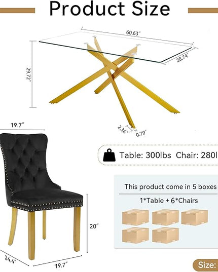 Modern 7-Piece Glass Dining Table Set for 6, Modern 60" Rectangle Gold Glass Dining Room Table Set with Black Velvet Tufted Chairs Wood Legs for Kitchen Dining Room