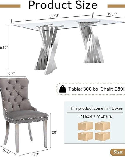 5 Piece Glass Dining Table Set,70" Dinner Room Glass Table Set for 4,Modern Kitchen Dinner Table Set with Stainless Steel Base and 4 Upholstered Velvet Dining Chairs for Living Dining Room