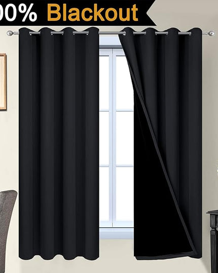 Yakamok 63 Inch Length 100% Blackout Curtains for Bedroom, 2 Thick Layers Thermal Insulated Grommet Total Blackout Drapes with Black Liner for Living Room (52Wx63L,Black, 2 Panels)