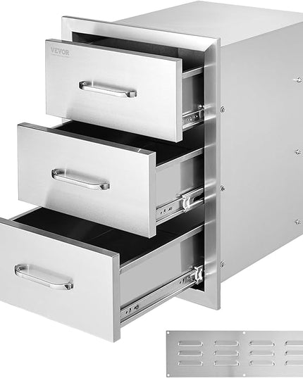 VEVOR Outdoor Kitchen Drawer Cabinets 16" W x 21.5" H x 18" D, BBQ Drawer Stainless Steel, Flush Mount Triple Access, with Handle, BBQ Island, Outdoor Grill Patio Grill Station