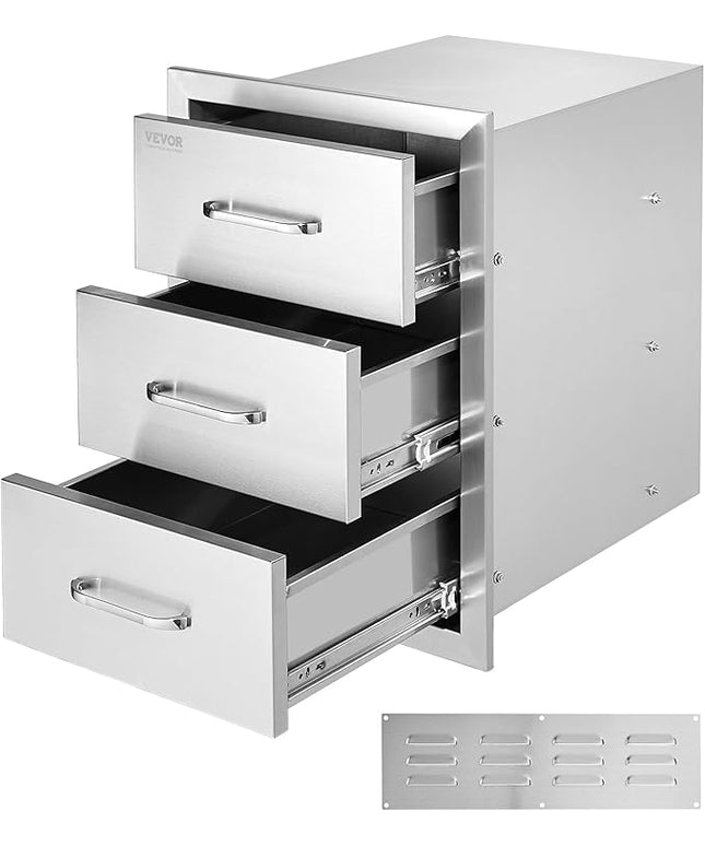 VEVOR Outdoor Kitchen Drawer Cabinets 16" W x 21.5" H x 18" D, BBQ Drawer Stainless Steel, Flush Mount Triple Access, with Handle, BBQ Island, Outdoor Grill Patio Grill Station