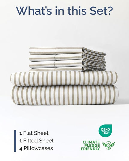 Extra Deep Cal King Sheet Set - 6 Piece Breathable & Cooling Sheets - Hotel Luxury Bed Sheets Set - Easy Fit - Soft, Wrinkle Free & Comfy Sheets Set - Beige Striped Sheet Set with Extra Deep Pockets