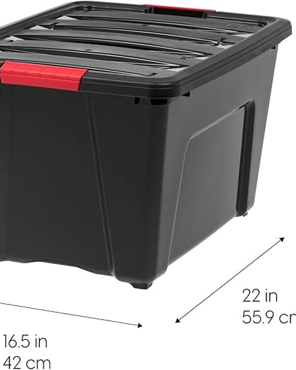 IRIS USA 51 L (54 QT) Plastic Storage Box with Lid and Latches - 4 Pack - BPA-Free, Garage Organizing Solution, Durable Nestable Stackable Containers, Secure Pull Handle - Black