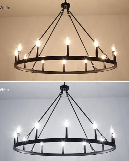 Wagon Wheel Chandelier 12 Lights 38" Large Black Farmhouse Chandelier for Dining Room Chandelier Rustic Country Pendant Light Fixtures Round Chandeliers for Living Room Outdoor High Ceilings Foyer