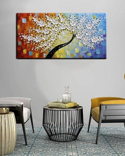 YaSheng Art -Handmade Colorful 3D Flowers Art Oil Painting On Canvas Texture Palette Knife Tree Paintings Modern Abstract Canvas Wall Art Home Interior living room Bedroom Decor Art 24x48inch