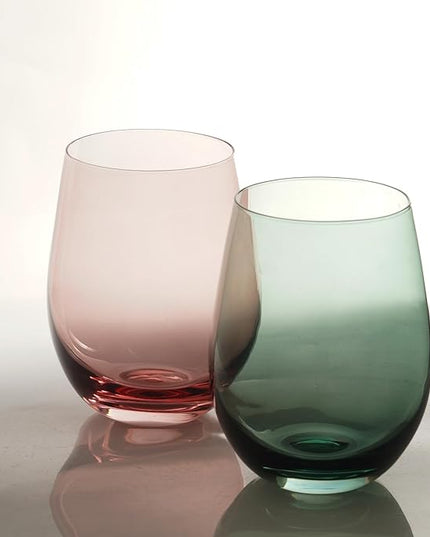 Colored Stemless Wine Glasses for Red or White Wine (Set of 2), 18-Ounces, Large Wine Glasses for Cabernet, Pinot Noir, Burgundy, Bordeaux (Red&Green O Wineglass Set of 2)