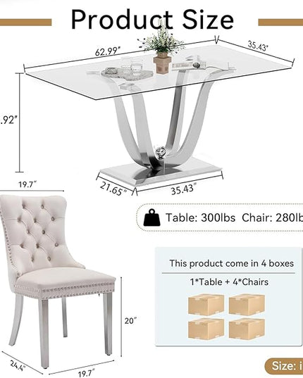 70" Modern Silver Glass Dining Table Set for 4, 5-Piece Rectangle Kitchen Dining Room Table Set with Steel Base & 4 Beige Velvet Upholstered Chairs, Modern Glass Kitchen Table and Chairs Set of 4