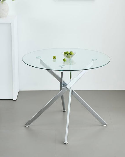 36" Round Glass Dining Table Modern Kitchen Glass Top Table for 4 with Silver Chrome Metal Legs, Clear Dining Table Kitchen Table for Home Office Dining Room