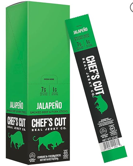 Chef’s Cut Real Snack Sticks | High Protein Meat Snack Sticks with 8g Protein, Gluten Free, Keto-Friendly| Premium Smoked Beef & Pork Blend | Jalapeño Heat | 1 oz Stick (16-Count Bag)