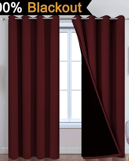 Yakamok 100% Blackout Curtains for Living Room, Noise Reducing Drapes,Thermal Insulated Blackout Curtains for Bedroom(52Wx84L, Burgundy Red, 2 Panels)