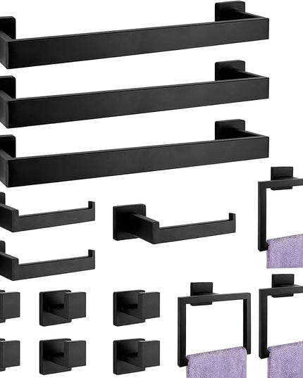 Bathroom Accessories Towel Bar Set: 15 Pieces Matte Black Bathroom Hardware Square SUS304 Stainless Steel - Wall Mounted Towel Rack&Toilet Paper Holder&Towel Ring and Towel Hook