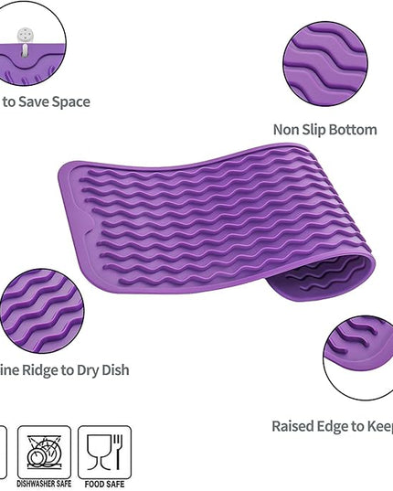 Silicone Dish Drying Mat for Multiple Usage,Easy clean,Eco-friendly,Heat-resistant Silicone Mat for Kitchen Counter,Sink,Bar,Bottle,or Cup Purple M 17 inches x 6 inches