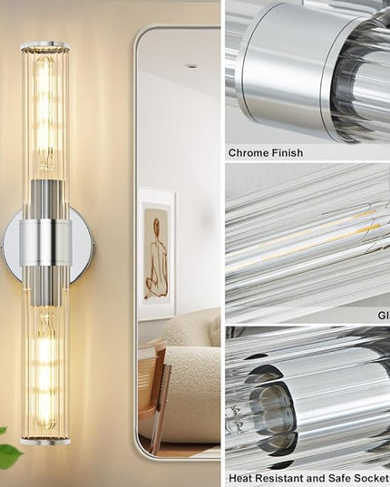 Bathroom Vanity Light Fixtures, Chrome Wall Sconce in Threaded Glass, Modern Wall Light Up and Down Wall Mount Lamp for Bathroom, Living Room, Hallway, Kitchen - Bulb Not Included