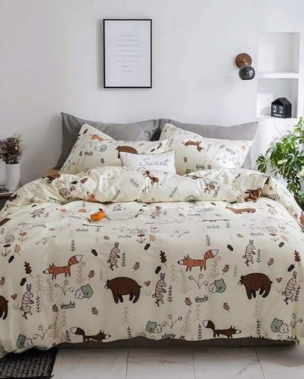 Houseri Beige Bear Comforter Set Queen Teen Girls Woodland Kawaii Fox Rabbit Cartoon Bedding Sets Full Size Boys Animal Patterned Comforter Comfy Soft Forest Theme Dorm Bed Quilt Blanket Full 3 PCS