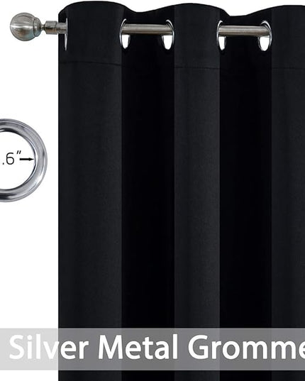 Yakamok Functional Thermal Insulated Eyelet Top Room Darkening Curtain Panels, Energy Efficient Kitchen Grommet Top Curtains for Short Window/Basement (52W by 36L, Black, 2 Panels)