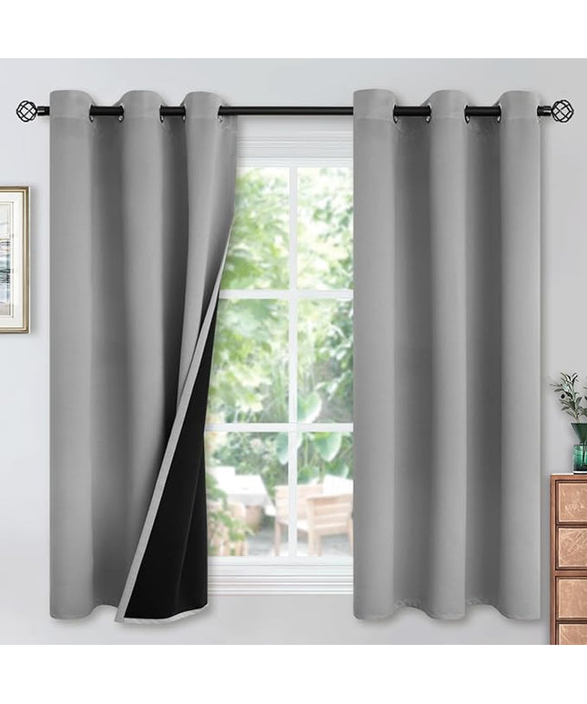 YoungsTex Light Grey 100% Blackout Curtains 40 Inches for Bedroom, Short Thermal Insulated Drapes with Grommet Full Room Darkening for Kitchen Bathroom Window, 2 Panels, 42 x 40 Inch