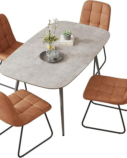 47.2'' Dining Table Set for 4,Modern Wood Dining Table,Leather Dining Chairs 4,Table and Chairs Set of 4,Ideal for Kitchen Dining Room (Gray Table + 4 U-Shaped Brown Chairs, 47.2")