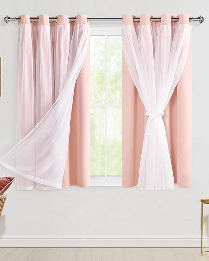 Hiasan Pink Blackout Curtains with Sheer Overlay Thermal Insulated Mix & Match Double Layer Room Darkening Window Curtains for Bedroom Living Room Nursery 2 Panels with Tiebacks(52W X 54L,Blush Pink)