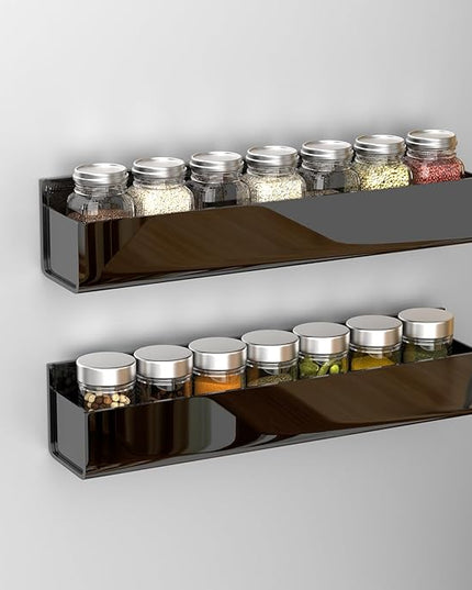 PMMASTO Adhesive Acrylic Spice Rack Organizer for Wall with Nano Double Sided Tape, Spice Shelf Organization for Kitchen Cabinet Door/Pantry Door, Wall Mount Seasoning Rack (Black-2 Pack)