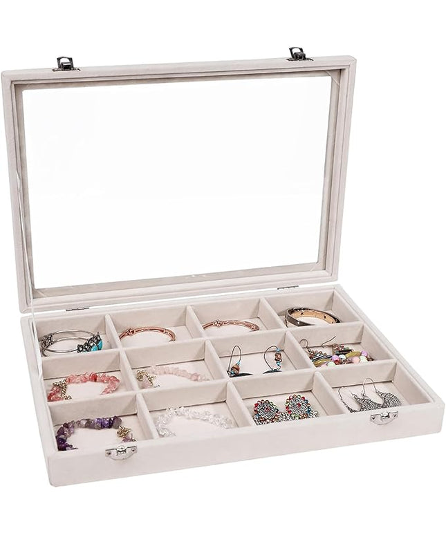 Stratalife Jewelry Organizer Bracelet Organizer Storage Box 12 Grid Stackable Jewelry Tray with Lid Velvet Jewelry Box for Drawer Necklace Bracelet Display Storage Organizer Box (Beige)