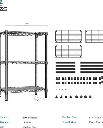 750 lbs 3 Tier Shelf Metal Storage Shelves Wire Rack Closet Organizers for Garage Kitchen Bathroom Laundry Black 11.8" D x 25.6" W x 31.5" H