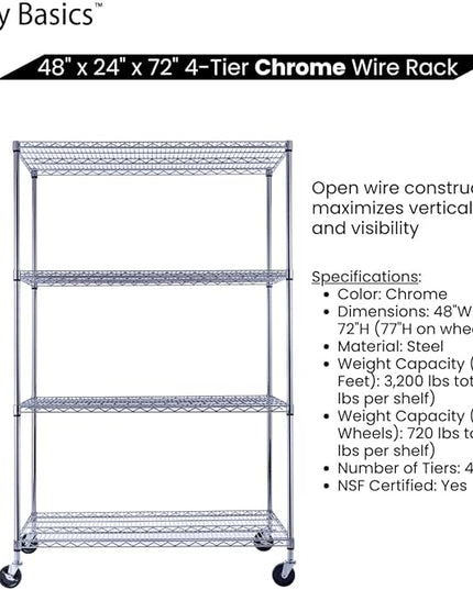 NSF Commercial 4-Tier Wire Shelving with Wheels, 48"x24"x72" Heavy Duty Metal Shelves 3200 lbs Max Capacity, Chrome Storage Rack for Garage Kitchen Pantry Warehouse