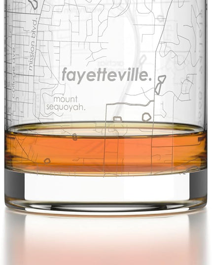 Well Told Engraved Fayetteville Arkansas Map Rocks Glass, Old Fashioned Glassware (11 oz, Clear) Etched Bourbon Tumbler, Gifts For Whiskey Lovers