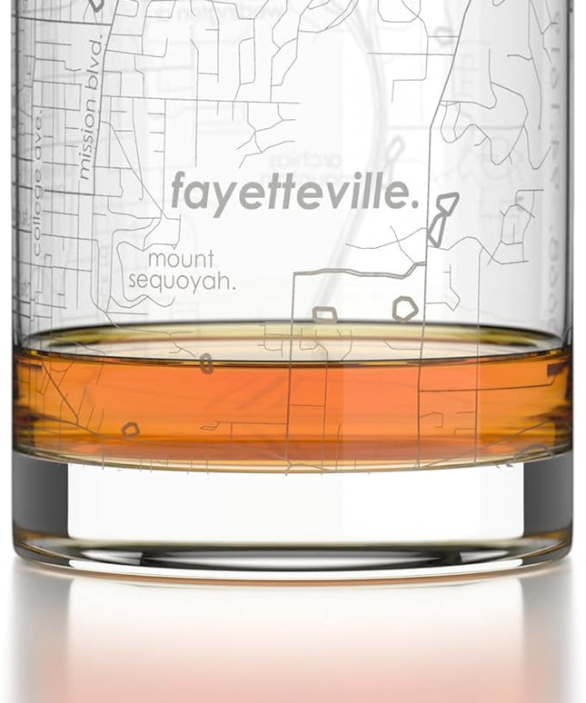 Well Told Engraved Fayetteville Arkansas Map Rocks Glass, Old Fashioned Glassware (11 oz, Clear) Etched Bourbon Tumbler, Gifts For Whiskey Lovers
