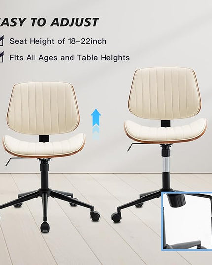 Armless Desk Chair with 360°Swivel Wheels, Ergonomic Adjustable Height Computer Chair for Home Office,PU Leather with Modern Walnut Drafting Chairs for Office, Reading Nook(Beige)