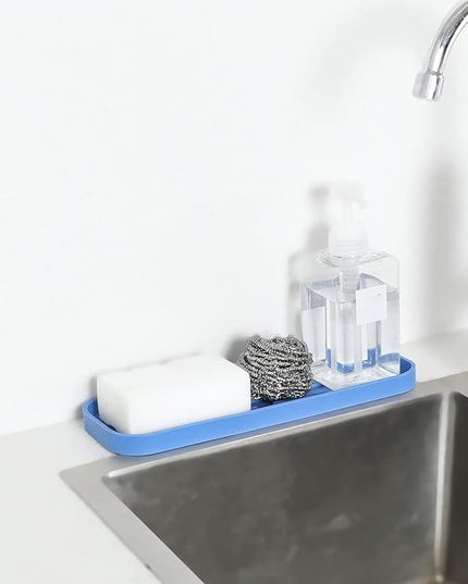Silicone Kitchen Sink Organizer Tray for Multiple Usage,Eco-Friendly Sponges Holder for Kitchen Bathroom Counter or Sink,Dish Soap Dispenser,Scrubber,Bottle,Cup (Lichen Blue, 12"×4")