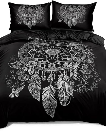Black Dream Catcher Bedding Set – Boho Feather Print Duvet Cover for Teens & Adults – Soft Comforter Cover for Bohemian Bedroom Decor, Twin/Full/Queen Sizes