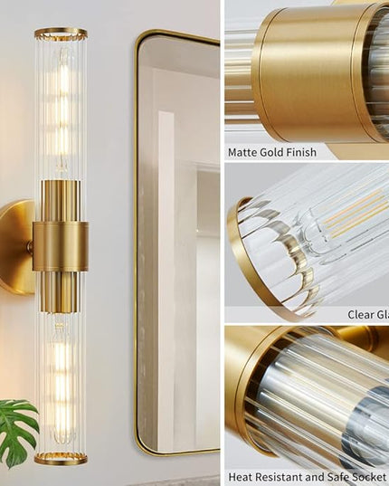 Gold Bathroom Light Fixtures 2 Pack, Vanity Lights for Mirror with Threaded Glass Shade, 20 Inch Up and Down Wall Sconces for Bathroom Bedroom Living Room Hallway - Bulb Not Included