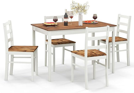 Tangkula Dining Table Set for 4, Solid Wood, Farmhouse Dinette Set w/Rubber Wood Legs, Mid-Century Modern, Compact Dining Table and Chairs Set for Kitchen, Dining Room (Brown+White)