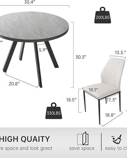 34.6'' Round Dining Table and Chairs for 2, Space Saving Modern Casual Coffee Table Set for Apartment Kitchen Dining Room (Grey Table+2 White Chairs)
