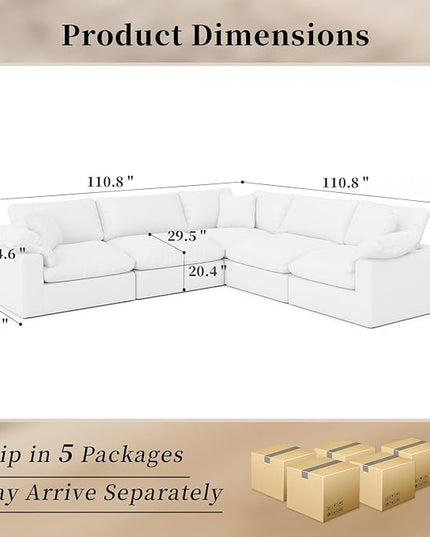 Modular Sectional Sofa Cloud Couch,Down Filled Comfy Cloud Modern Sofa,White Linen V Shape 5 Seater Oversized Couch Cushion Covers Removable for Living Room