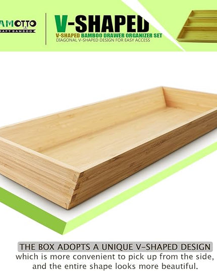 2-Piece V-Shaped Bamboo Drawer Organizer - Ideal for Kitchen's Large Long Tableware, Cooking Utensils, Flatware, Silverware - Wood Storage Box for Home, Bedroom, Bathroom (19.6"x12.4" & 19.6"x7.8")