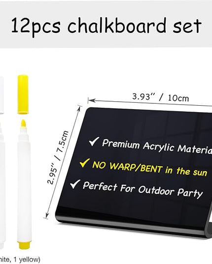 PigPotParty Acrylic Mini Chalkboard Signs for Outdoor Party Buffet, 12 Pcs 4"x3", Glossy Black Elegant Food Labels for Wedding, Table Signs, Place Cards, Include 2 Wet Erase Markers