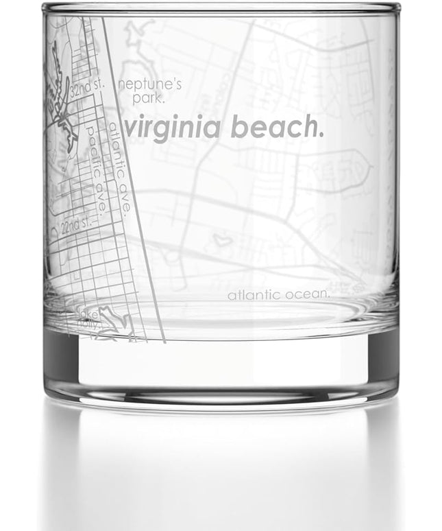 Well Told Engraved Virginia Beach Virginia Map Rocks Glass, Old Fashioned Glassware (11 oz, Clear) Etched Bourbon Tumbler, Gifts For Whiskey Lovers