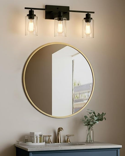 MELUCEE Bathroom Vanity Light Fixtures 24 Inches Length 3 Lights Wall Sconce Black with Clear Glass Shade for Bedroom Living Room Hallway Kitchen (Patent No.: US D963914 S)