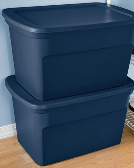 Sterilite 18-Pack Tote, Plastic Storage Bins with Snap Lids, 30 Gallon, Marine Blue - Stackable Home Organizers with In-Molded Handles for Bedroom, Garage, Basement and Attic
