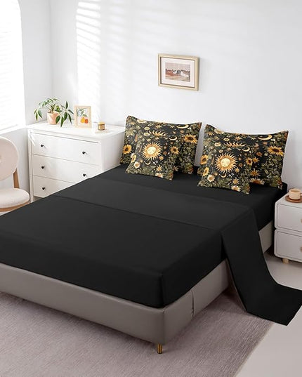 Feelyou 7Pcs Sun and Moon Comforter Sets Queen Size, Butterfly Moth Flower Rustic Garden Comforter Set Bed in a Bag(1 Comforter, 1 Flat Sheet 1 Fitted Sheet 2 Pillowcases and 2 Throw Pillow Covers)